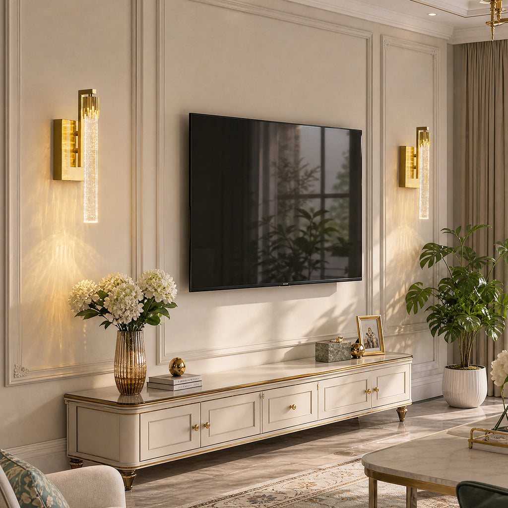 Luxury Long Tube Seeded Bubble Glass Gold Wall Sconce Set of Two