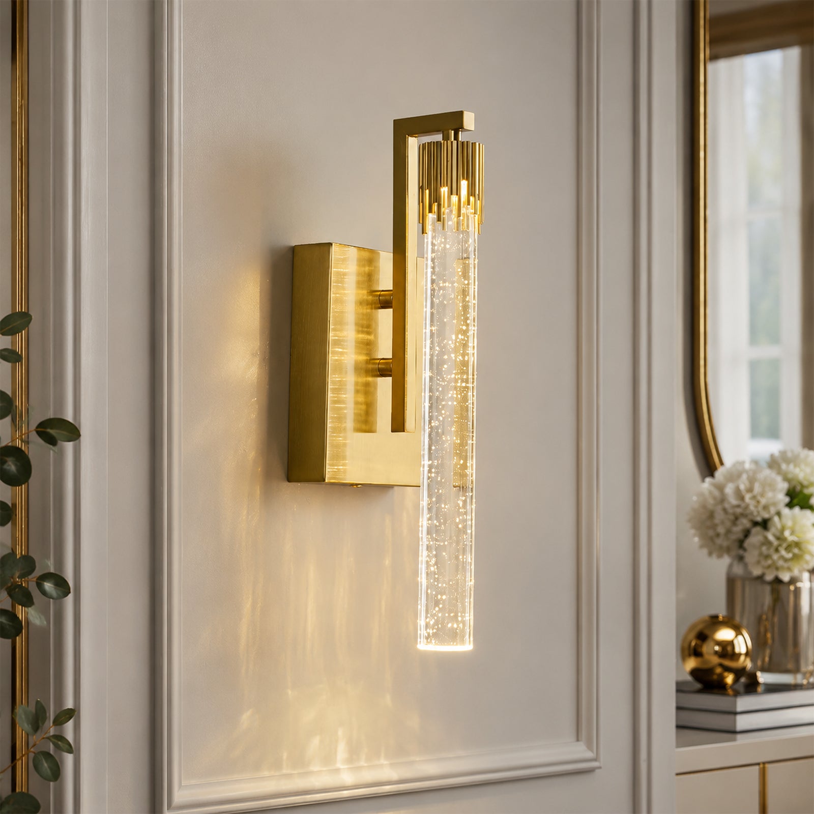 Luxury Long Tube Seeded Bubble Glass Gold Wall Sconce Set of Two