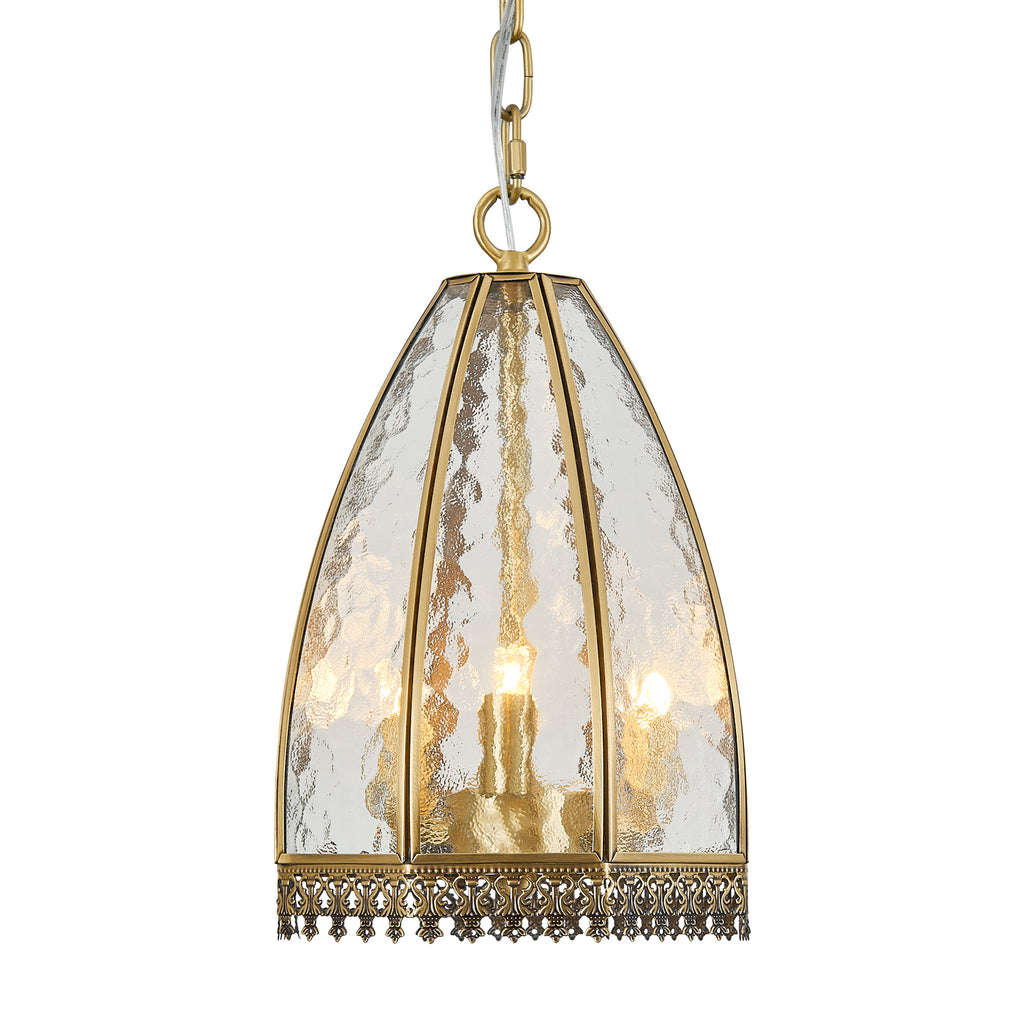 Farmhouse Brass Pendant Light with Hammered Glass