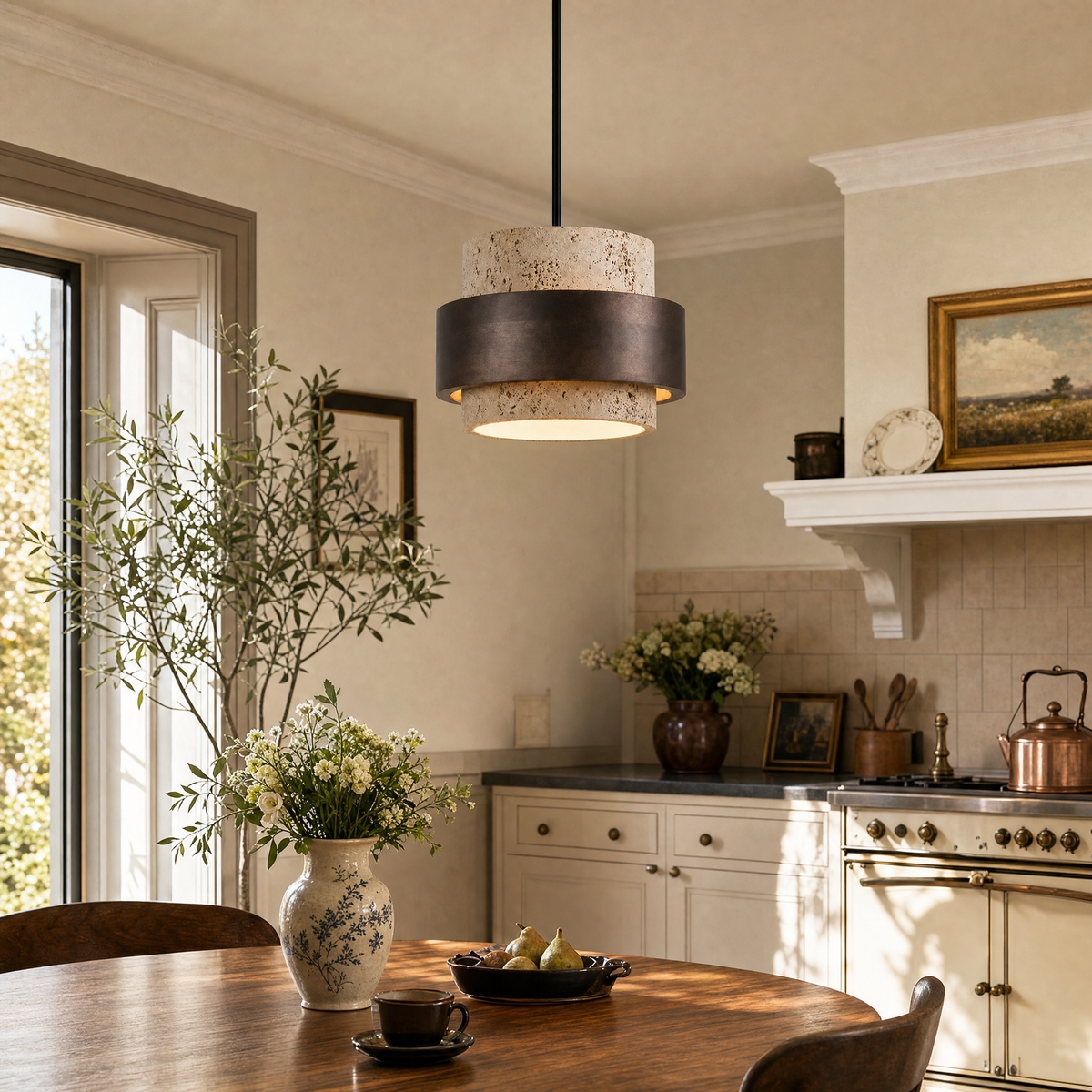 Modern Tiered Cylinder Travertine Pendant Light