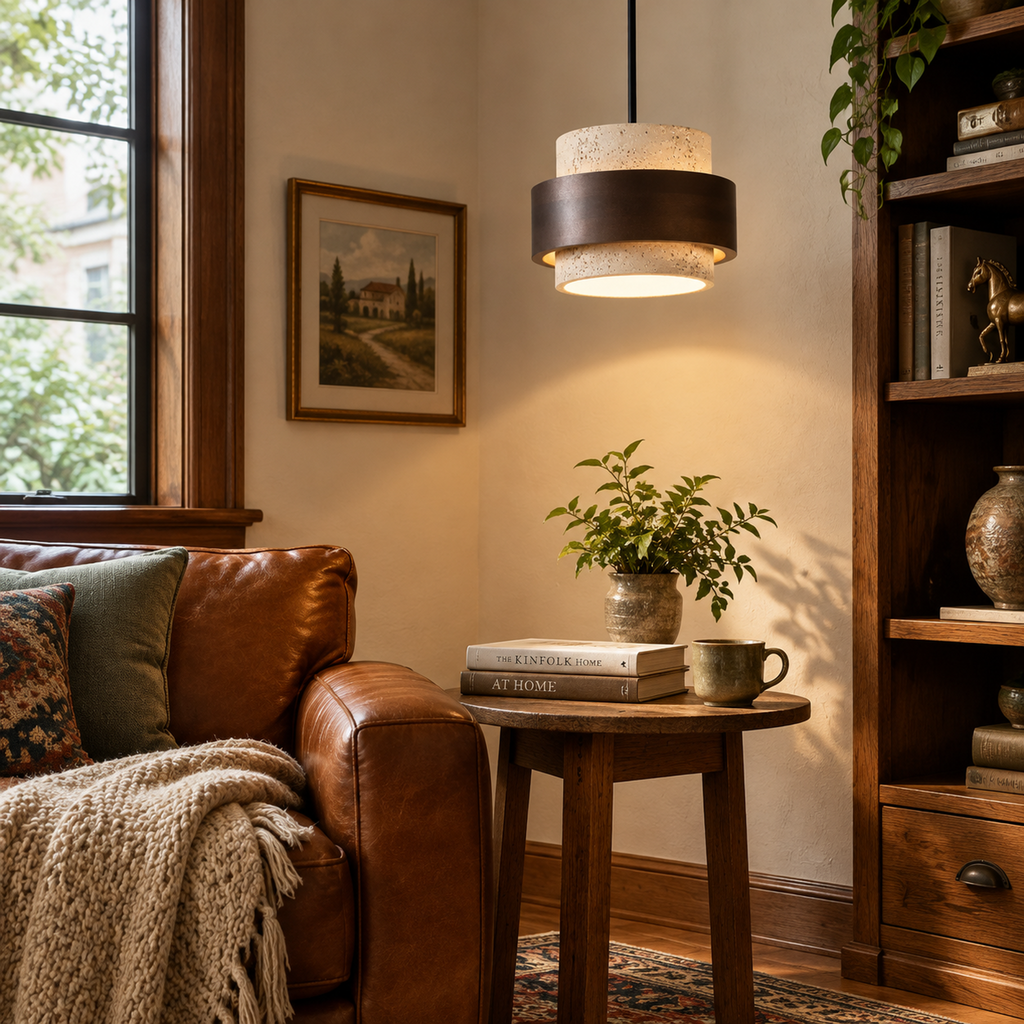 Modern Tiered Cylinder Travertine Pendant Light