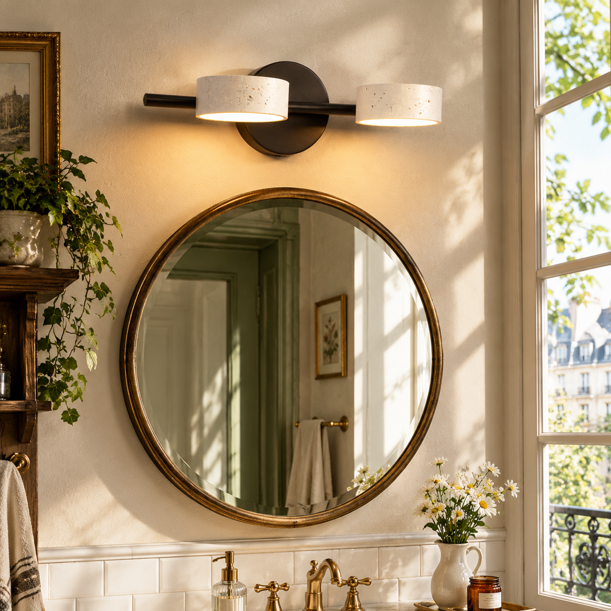 Modern Double Cylinder Travertine LED Vanity Wall Light