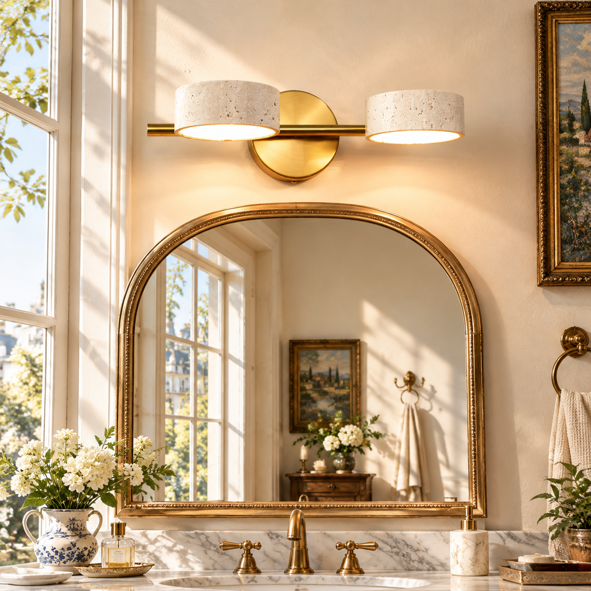 Modern Double Cylinder Travertine LED Vanity Wall Light