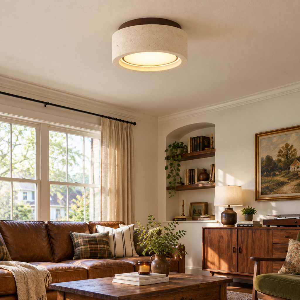 Modern Round Ring Travertine Flush Mount LED Ceiling Light
