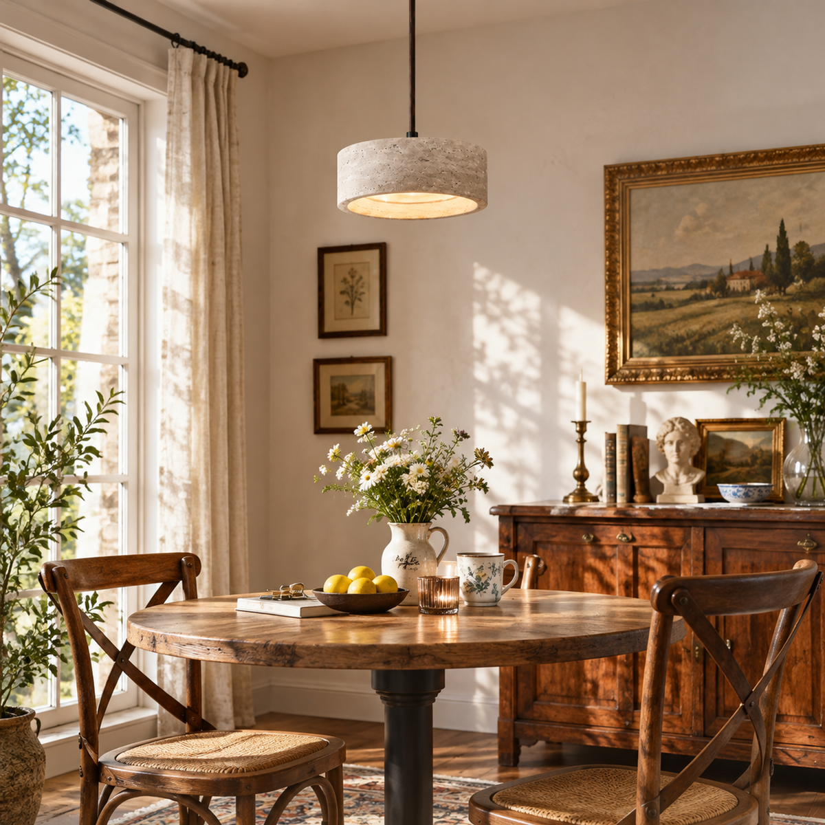 Modern Cylindrical & Drum Travertine LED Pendant Light
