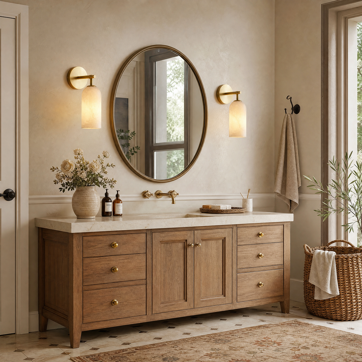 Cylindrical Natural Brass Alabaster Vanity Wall Light for Bedrooms