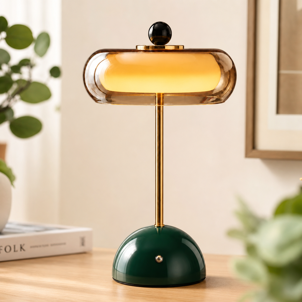 Disc-Shaped Alabaster and Glass LED Table Lamp for Bedrooms