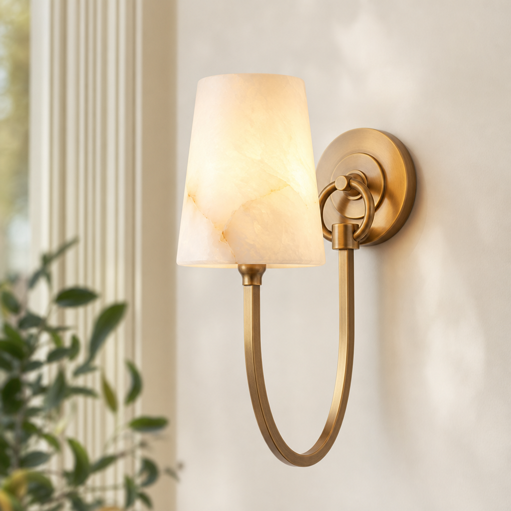 Curved Swan Arm Tapered Alabaster Sconce for Bedrooms