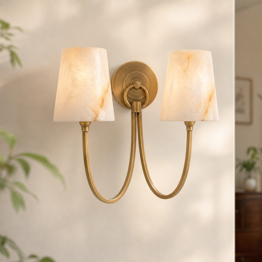 Curved Swan Arm Tapered Alabaster Sconce for Bedrooms