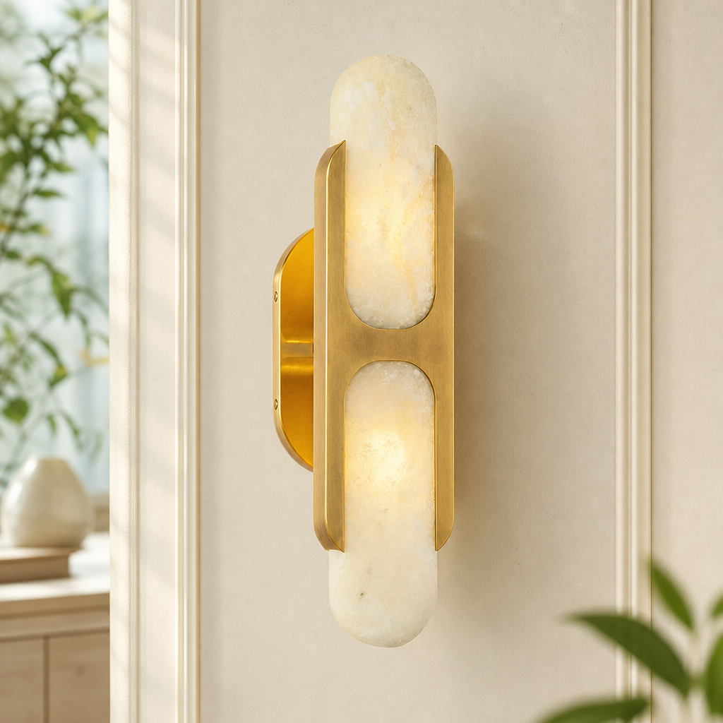 Sculptural Oval Alabaster Wall Sconce with H-Shaped Bracket