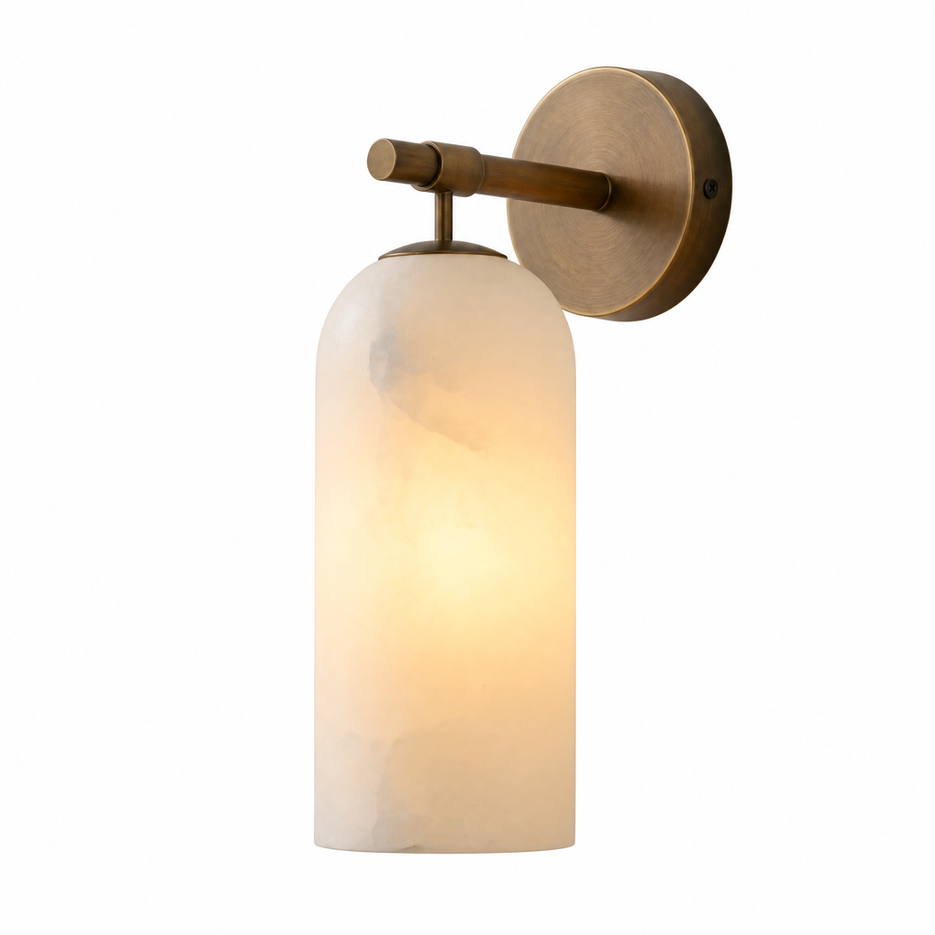 Cylindrical Natural Brass Alabaster Vanity Wall Light for Bedrooms