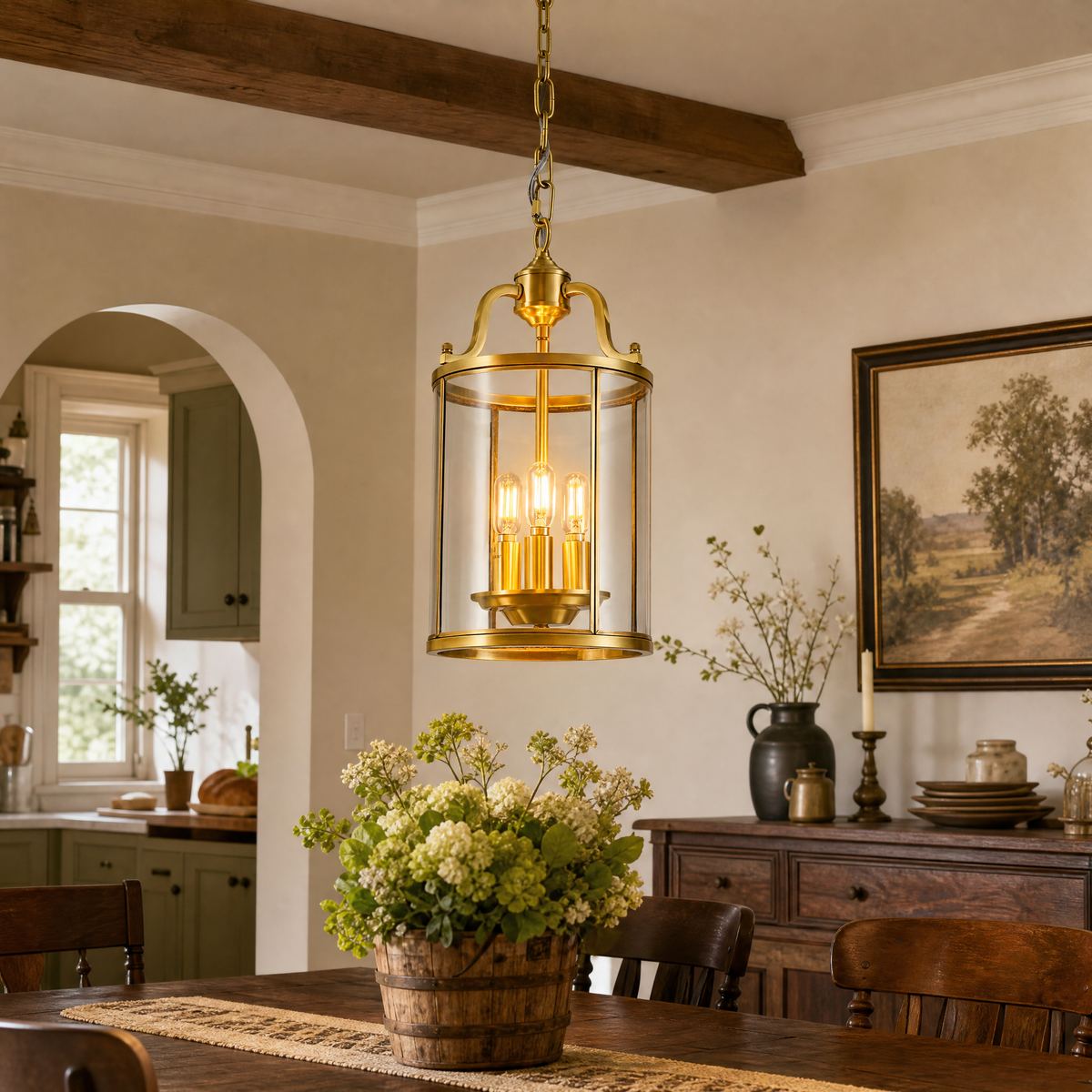 Antique Brass Pendant Light with Solder Glass
