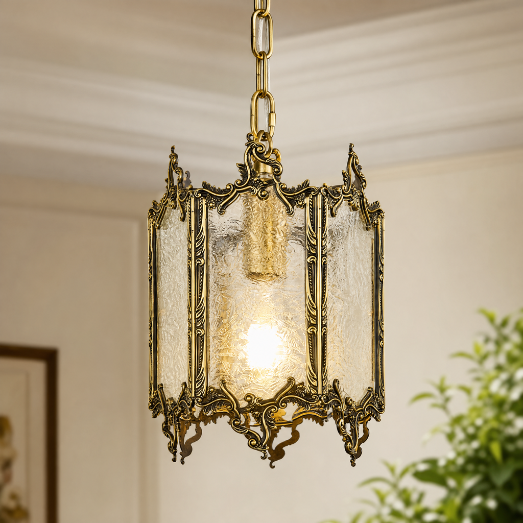 Antique Brass Chandelier with Embossed Rippled Glass