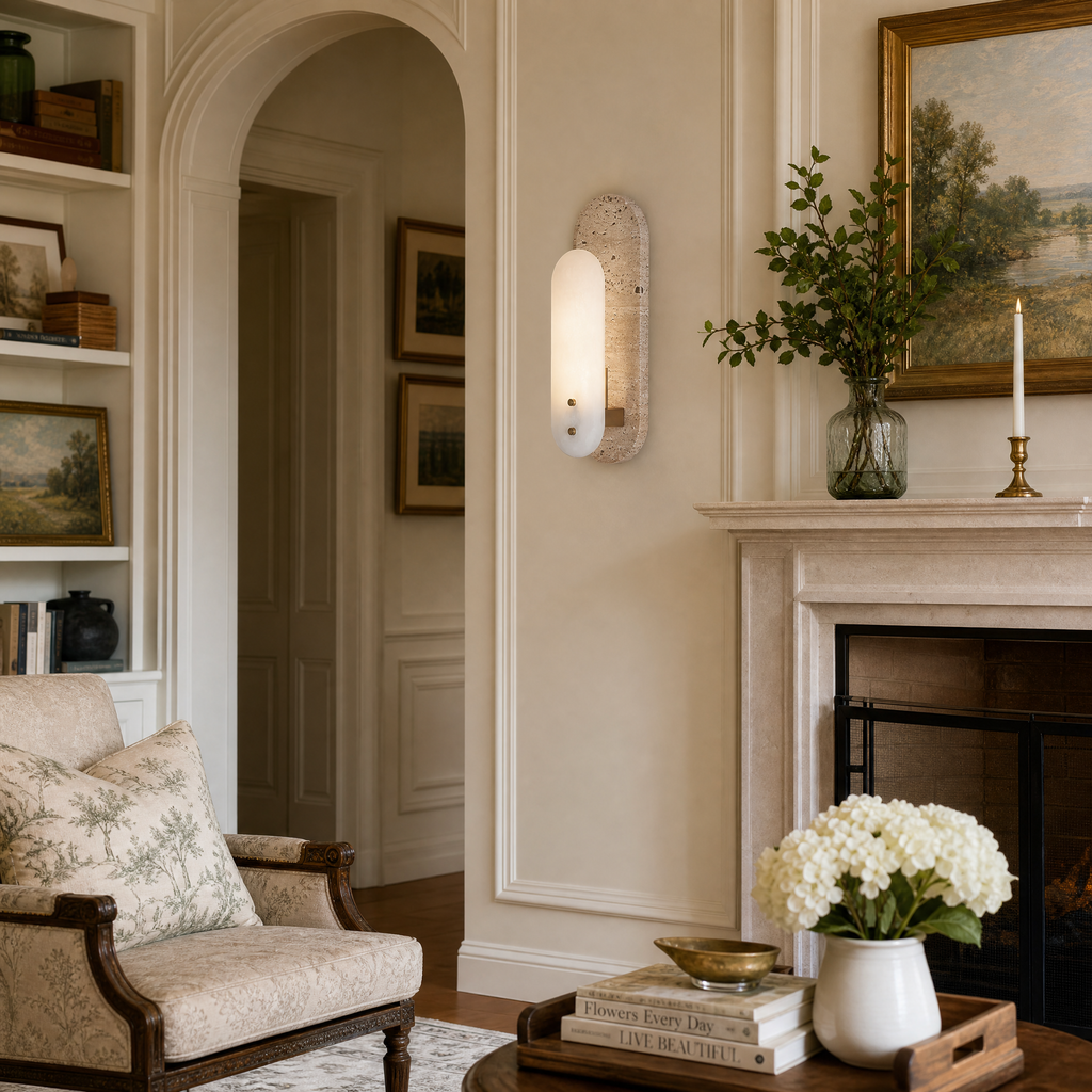 Modern Elongated Alabaster Wall Sconce with Travertine Base