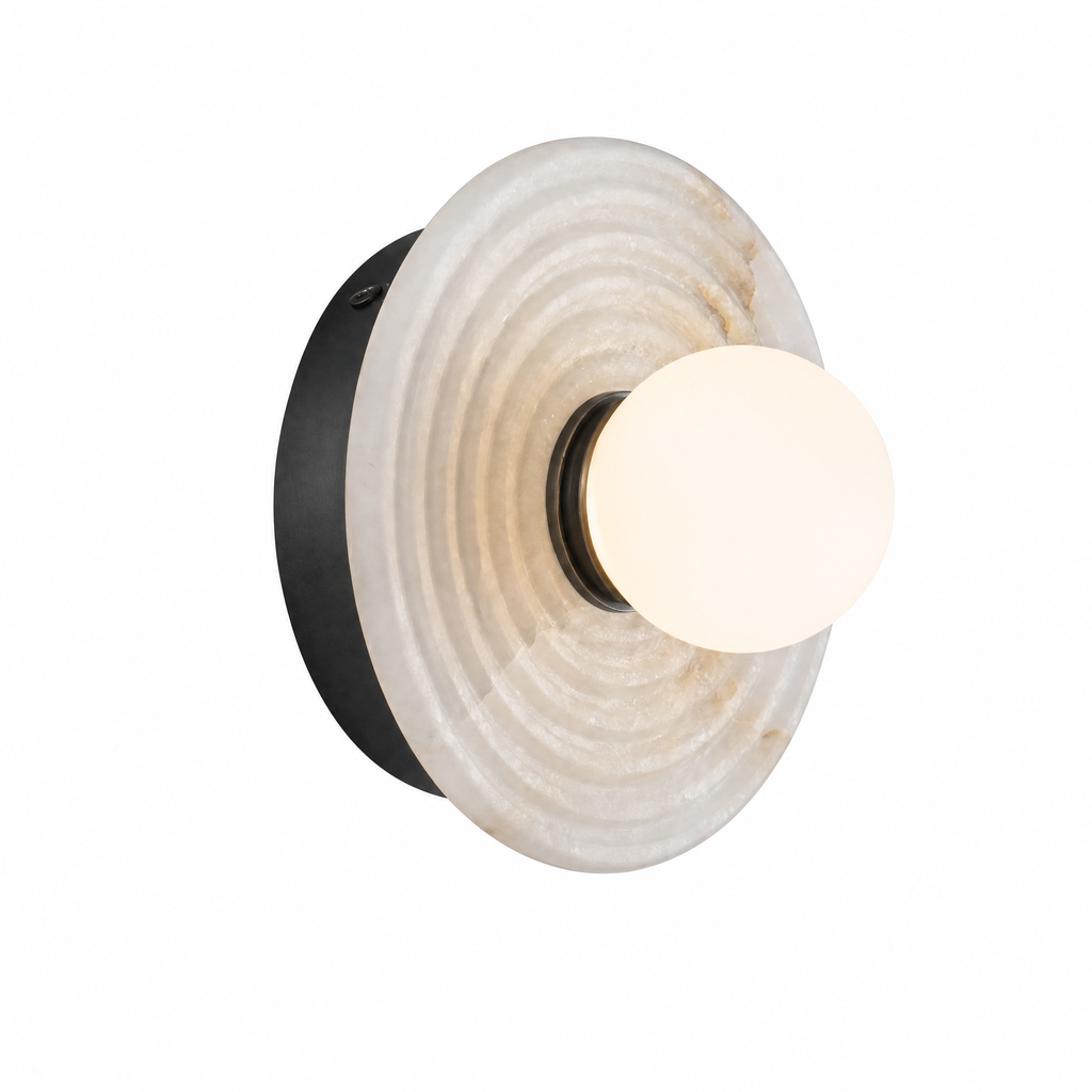 Ribbed Round Disc Sculptural Alabaster LED Wall Sconce for Hallway