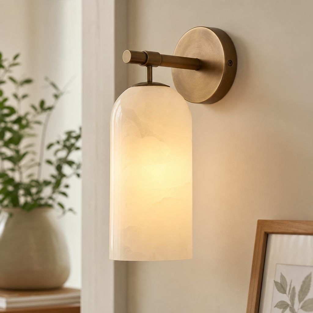 Cylindrical Natural Brass Alabaster Vanity Wall Light for Bedrooms