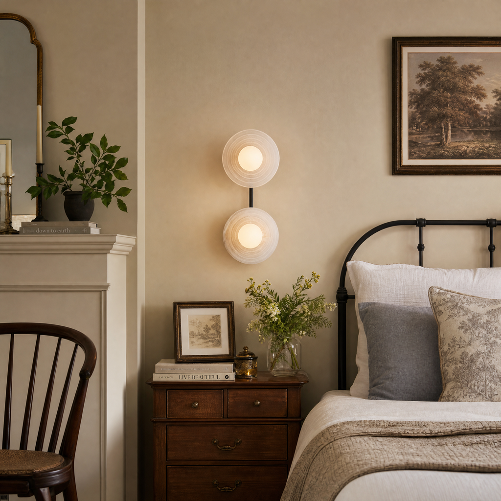 Ribbed Round Disc Sculptural Alabaster LED Wall Sconce for Hallway