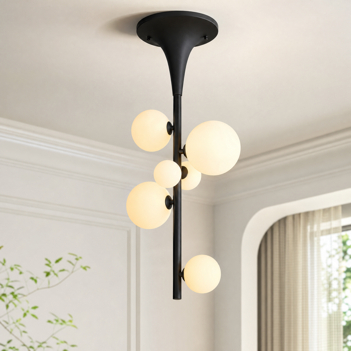 Milky White Glass Globe Trumpet Shape Semi Flush Mount Ceiling Light