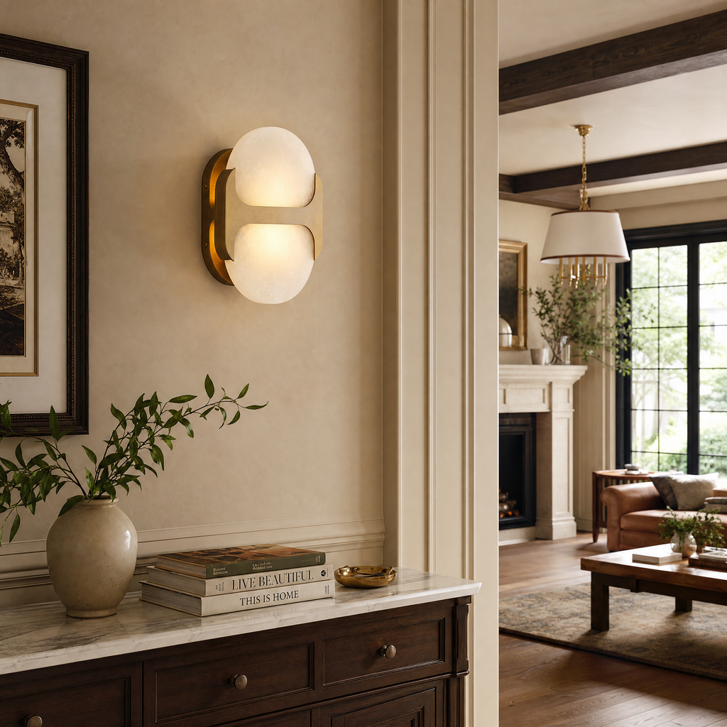 Sculptural Oval Alabaster Wall Sconce with H-Shaped Bracket