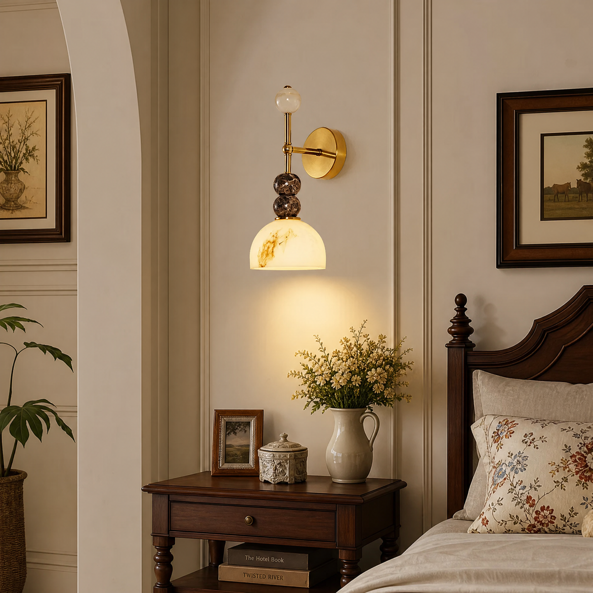 Modern Sculptural Marble and Alabaster Wall Light with Brass Base