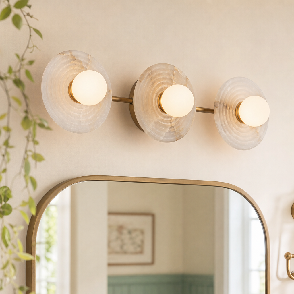 Ribbed Round Disc Sculptural Alabaster LED Wall Sconce for Hallway