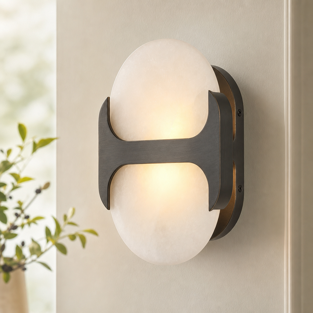 Sculptural Oval Alabaster Wall Sconce with H-Shaped Bracket