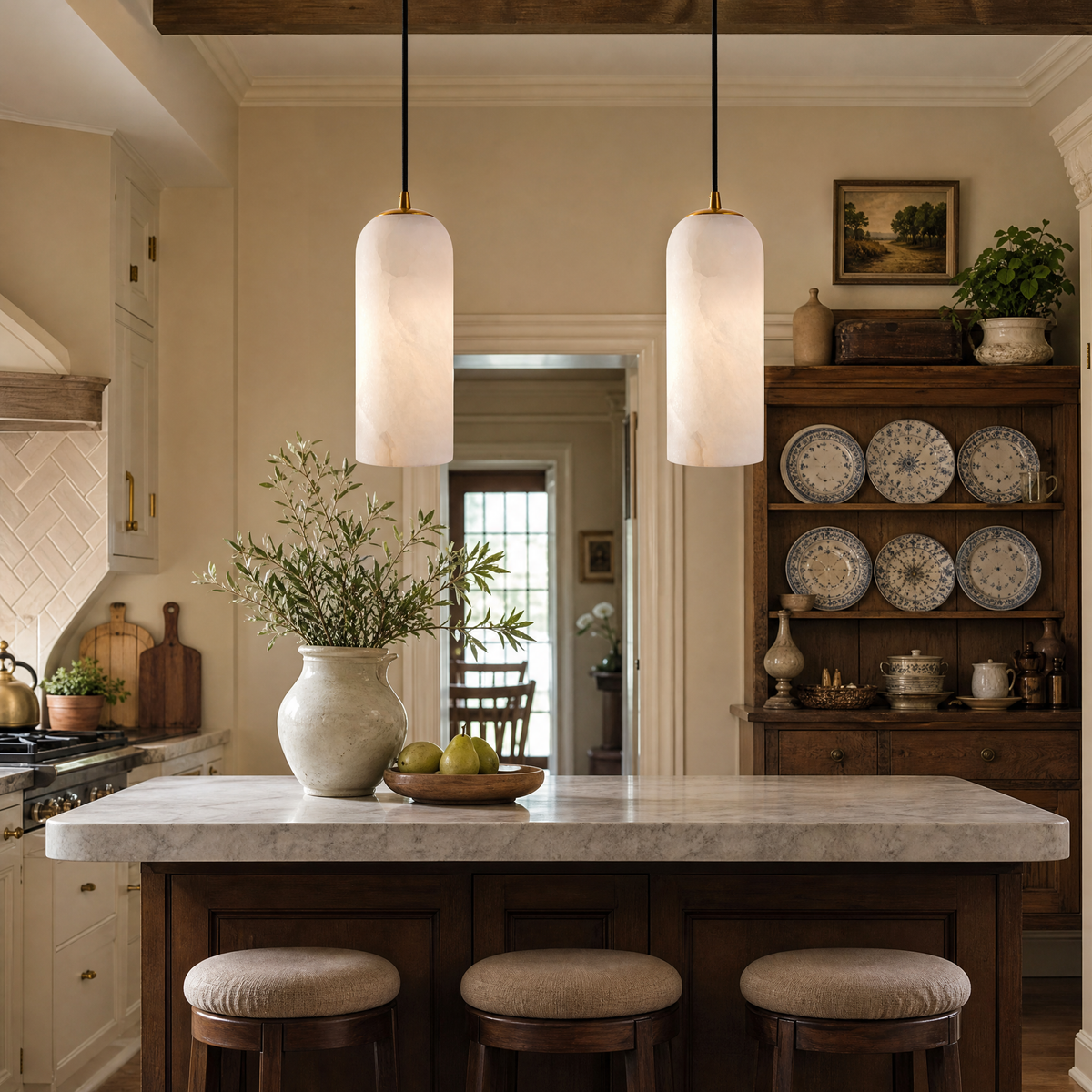 Modern Cylindrical Alabaster Pendant Light for Dining Rooms