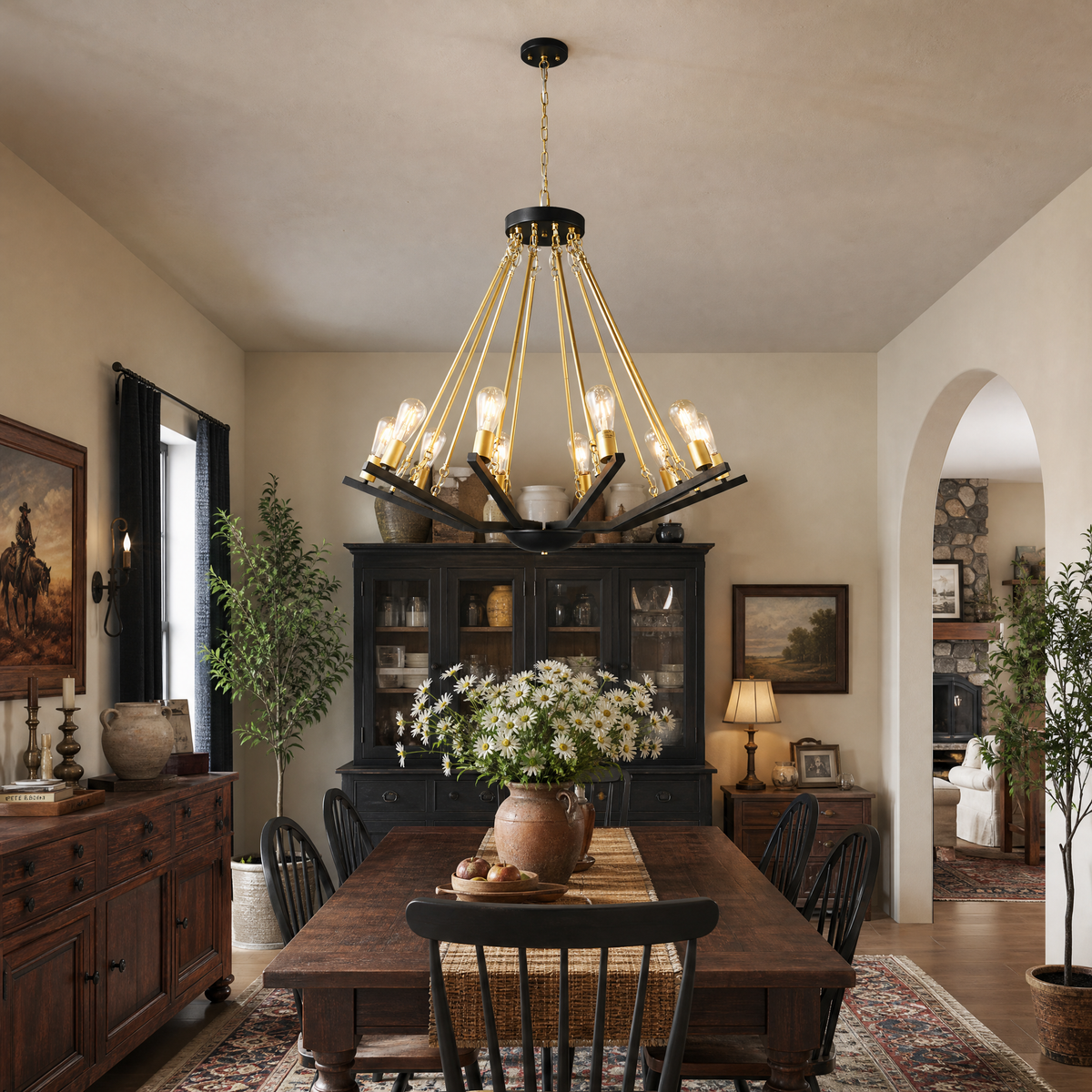 Industrial Two-Tone Frame Geometric BlackGold Wagon Wheel Chandelier