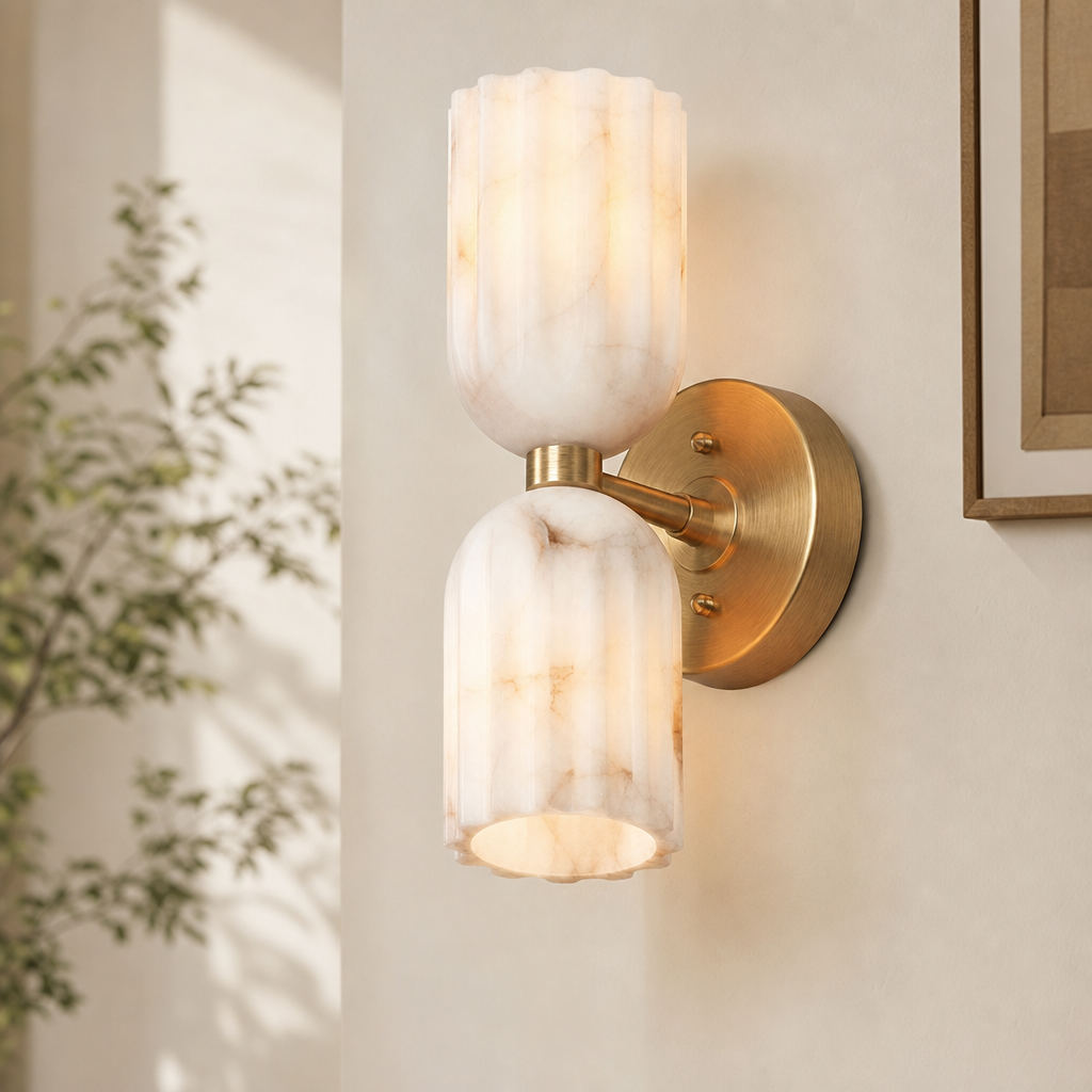 Fluted Stone Dual-Shade Alabaster Wall Light for Bedroom and Hallway