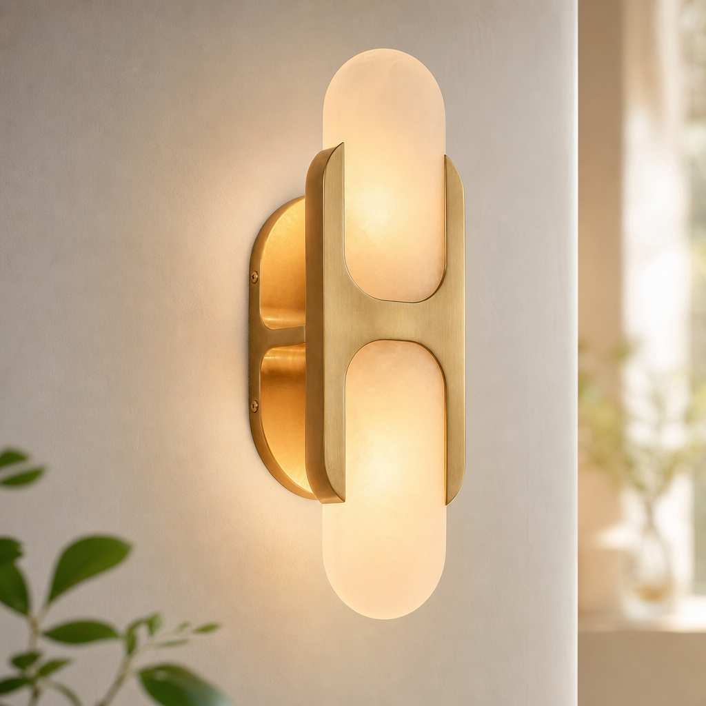 Sculptural Oval Alabaster Wall Sconce with H-Shaped Bracket