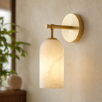 Cylindrical Natural Brass Alabaster Vanity Wall Light for Bedrooms