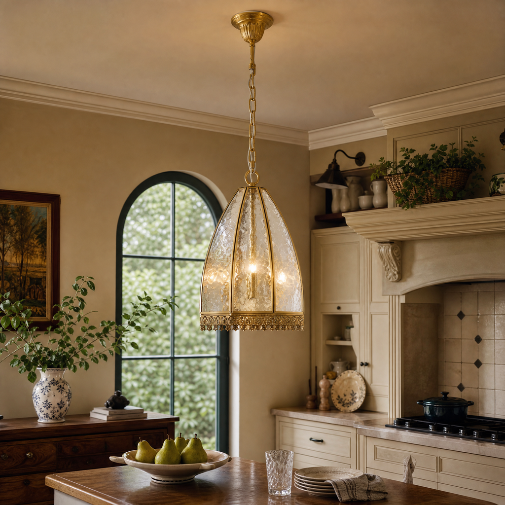 Farmhouse Brass Pendant Light with Hammered Glass