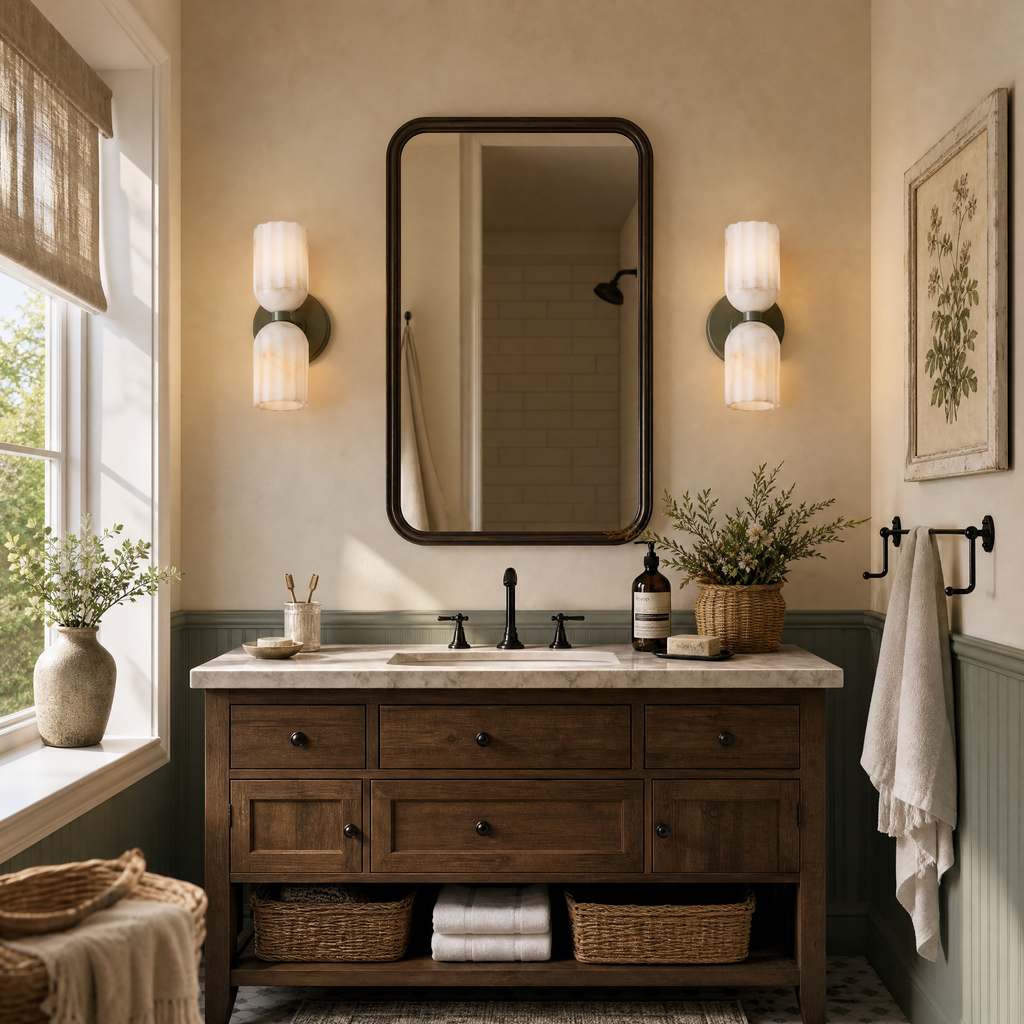 Fluted Stone Dual-Shade Alabaster Wall Light for Bedroom and Hallway