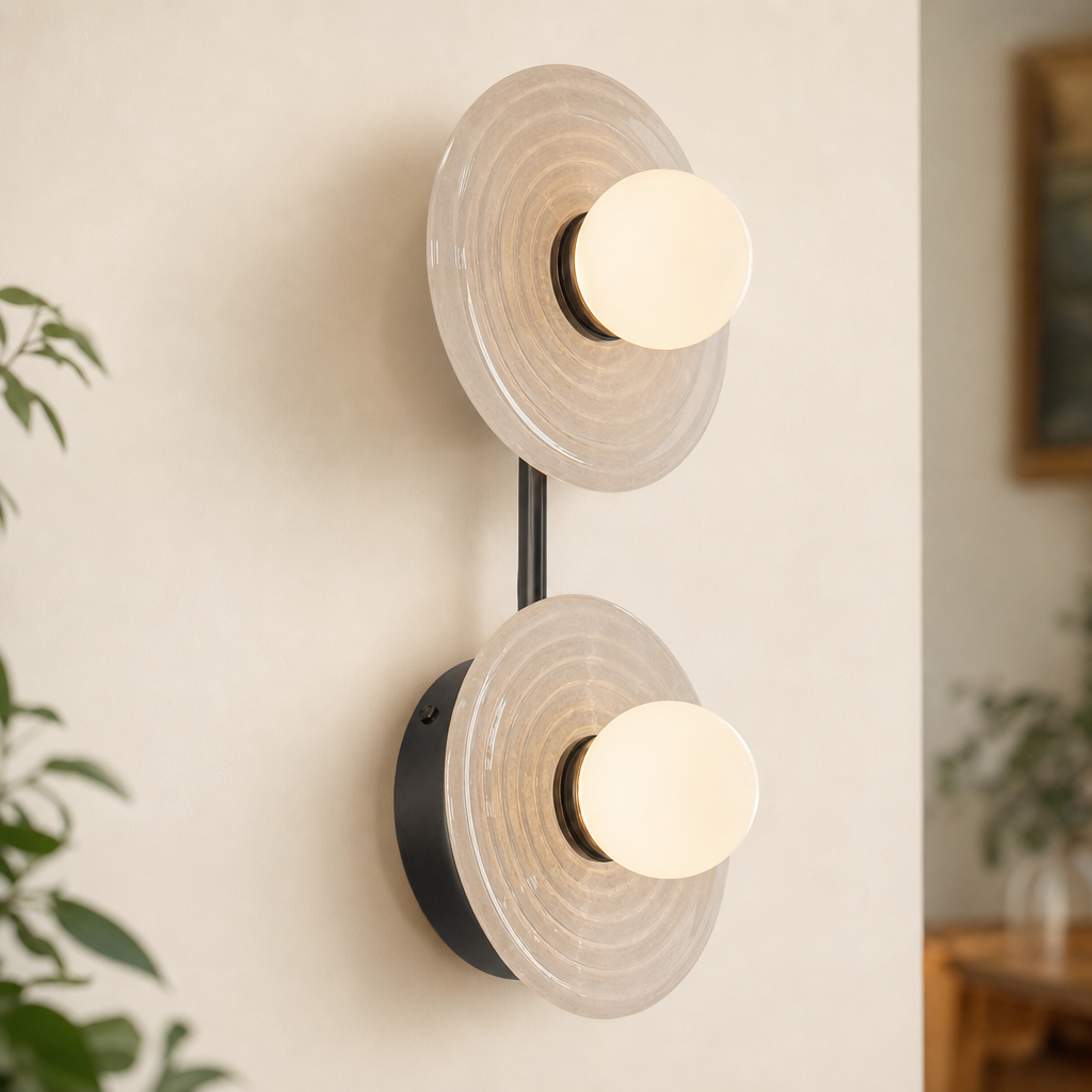 Ribbed Round Disc Sculptural Alabaster LED Wall Sconce for Hallway