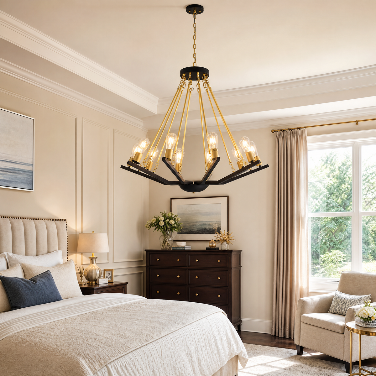 Industrial Two-Tone Frame Geometric BlackGold Wagon Wheel Chandelier