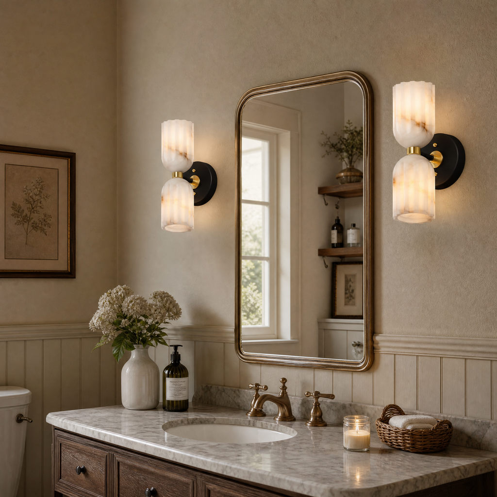 Fluted Stone Dual-Shade Alabaster Wall Light for Bedroom and Hallway