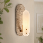 Modern Elongated Alabaster Wall Sconce with Travertine Base