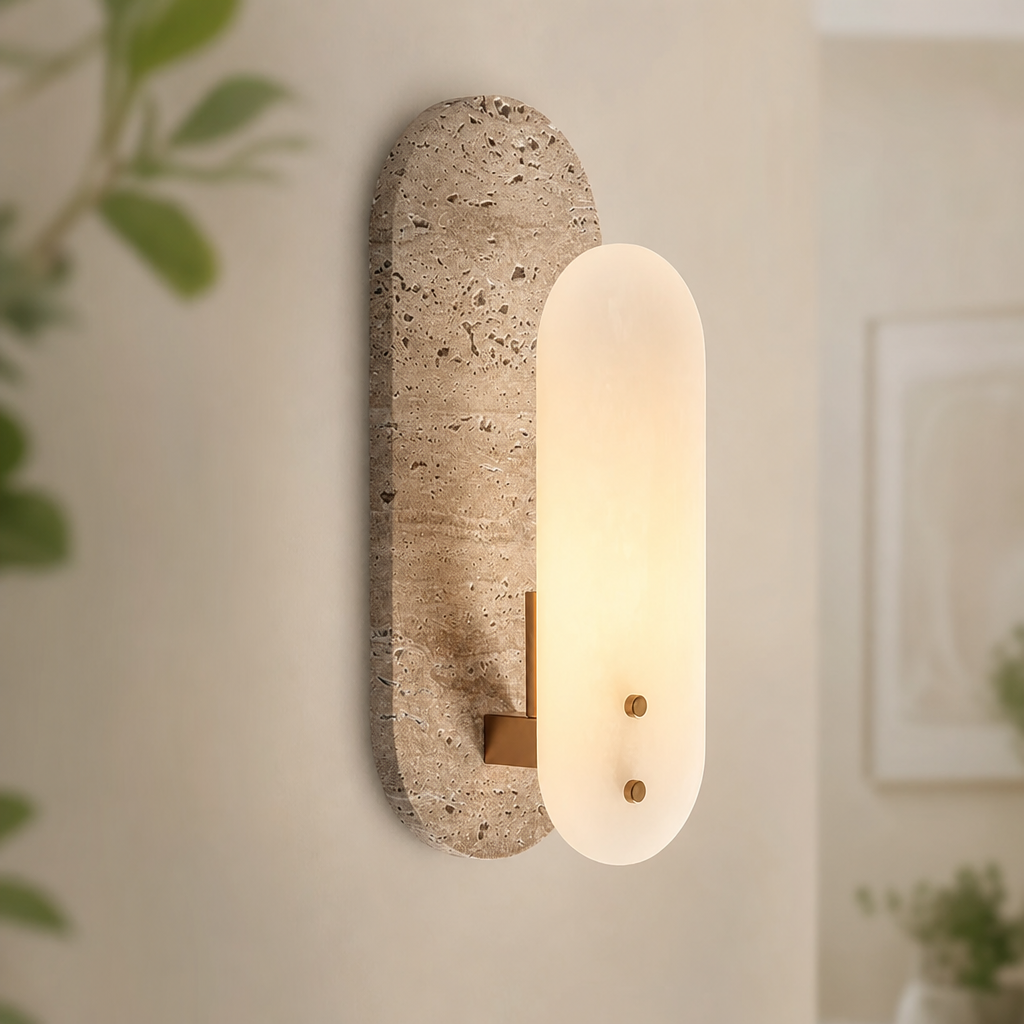 Modern Elongated Alabaster Wall Sconce with Travertine Base