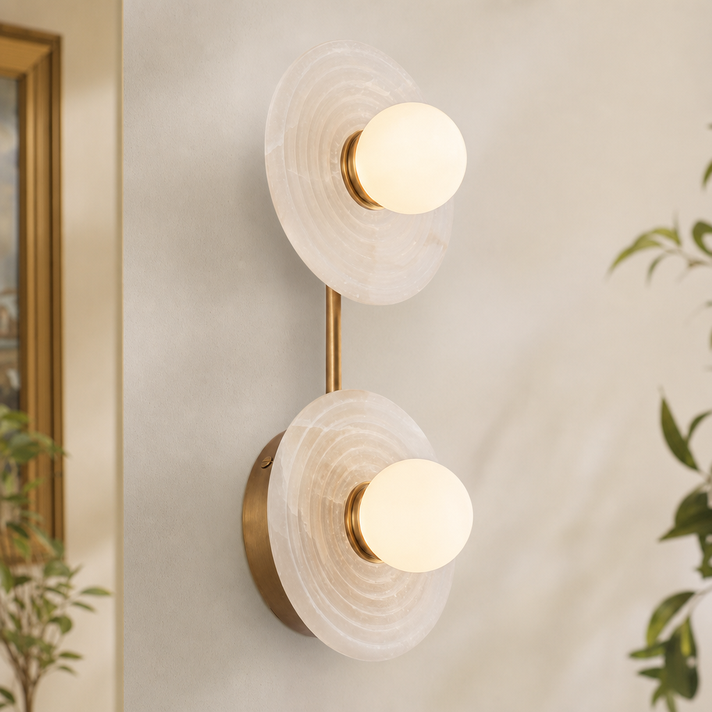 Ribbed Round Disc Sculptural Alabaster LED Wall Sconce for Hallway