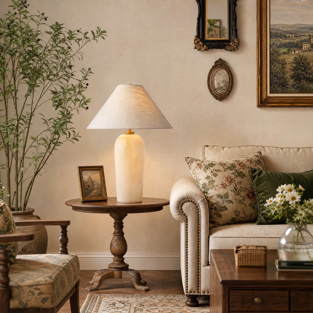 Natural Alabaster Table Lamp with Beige Linen Shade for Bedrooms