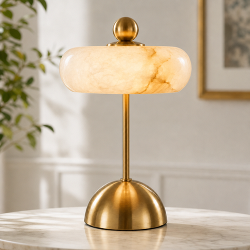 Disc-Shaped Alabaster and Glass LED Table Lamp for Bedrooms