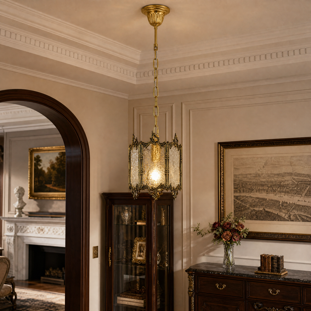 Antique Brass Chandelier with Embossed Rippled Glass