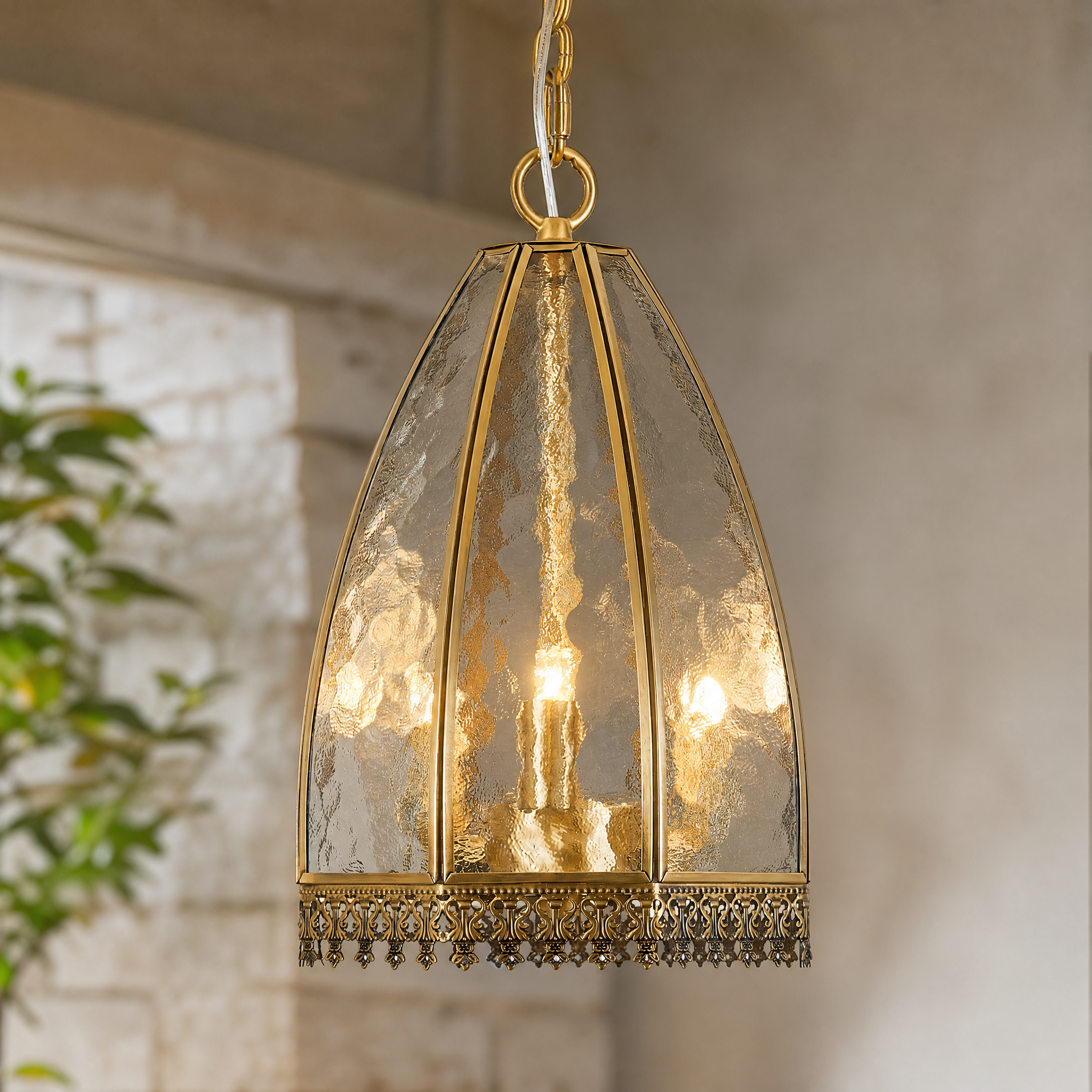 Farmhouse Brass Pendant Light with Hammered Glass