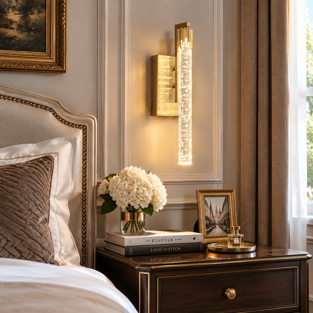 Luxury Long Tube Seeded Bubble Glass Gold Wall Sconce Set of Two