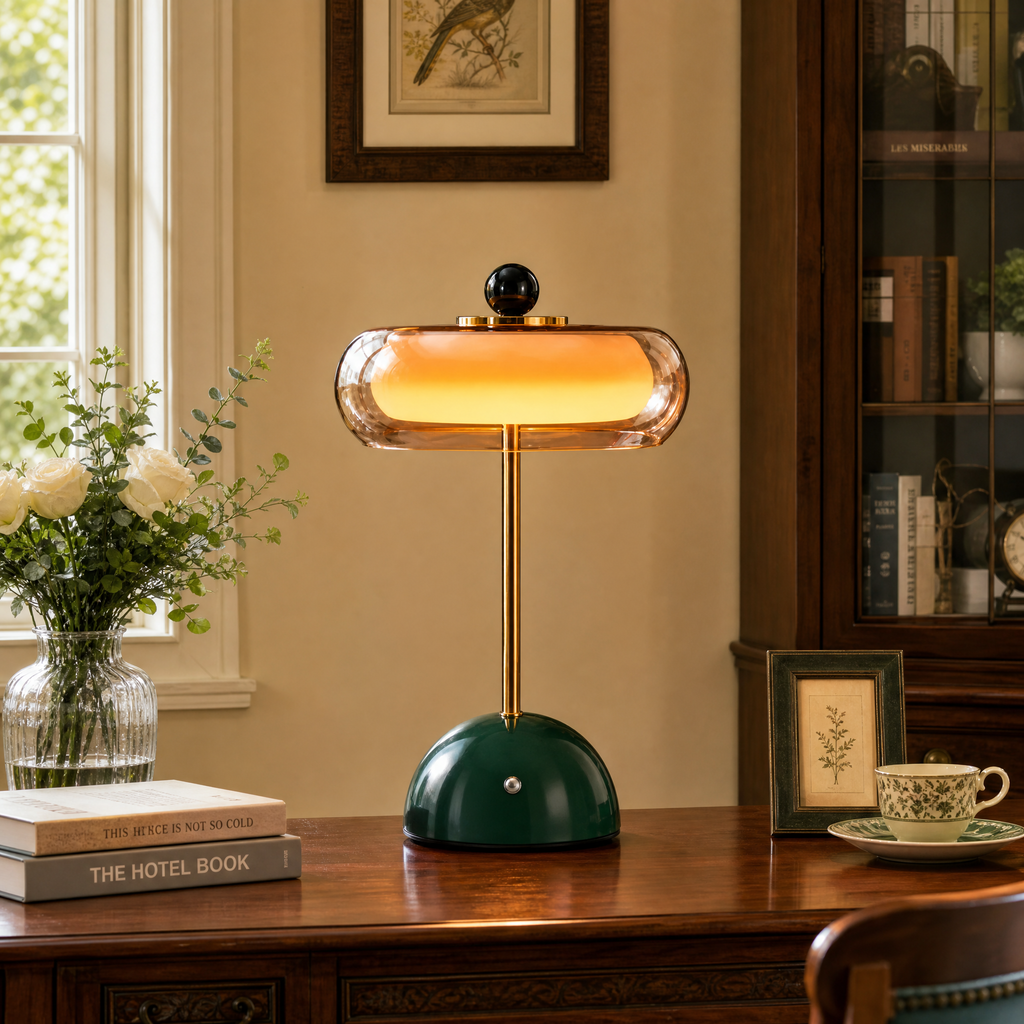 Disc-Shaped Alabaster and Glass LED Table Lamp for Bedrooms