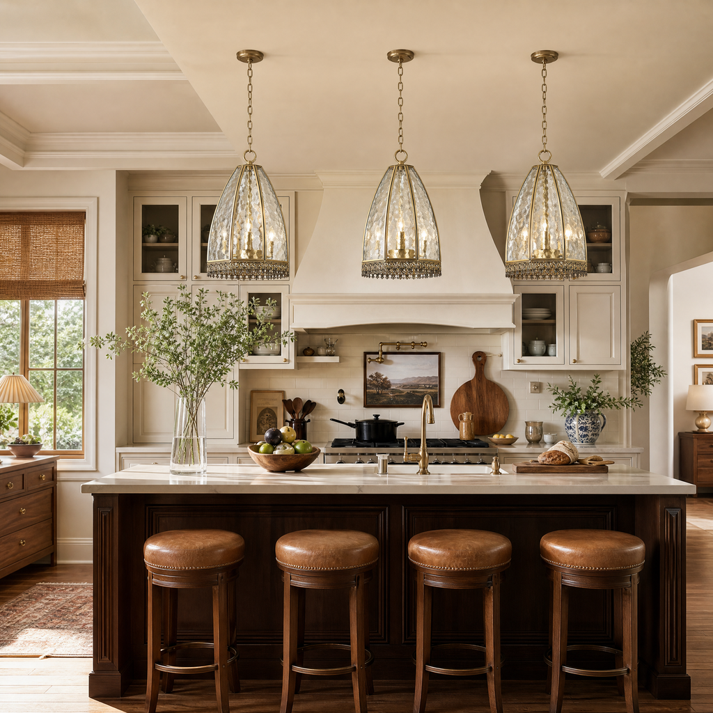 Farmhouse Brass Pendant Light with Hammered Glass