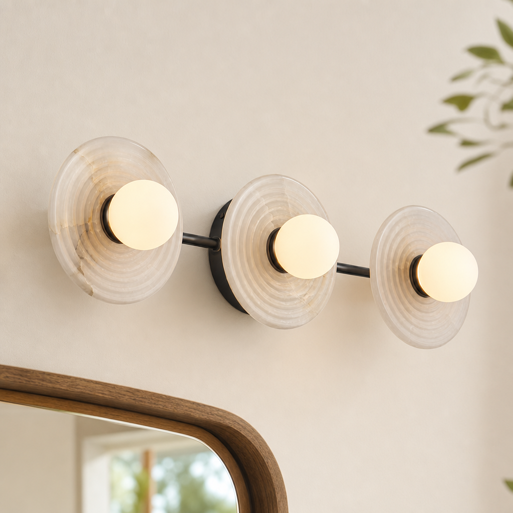 Ribbed Round Disc Sculptural Alabaster LED Wall Sconce for Hallway