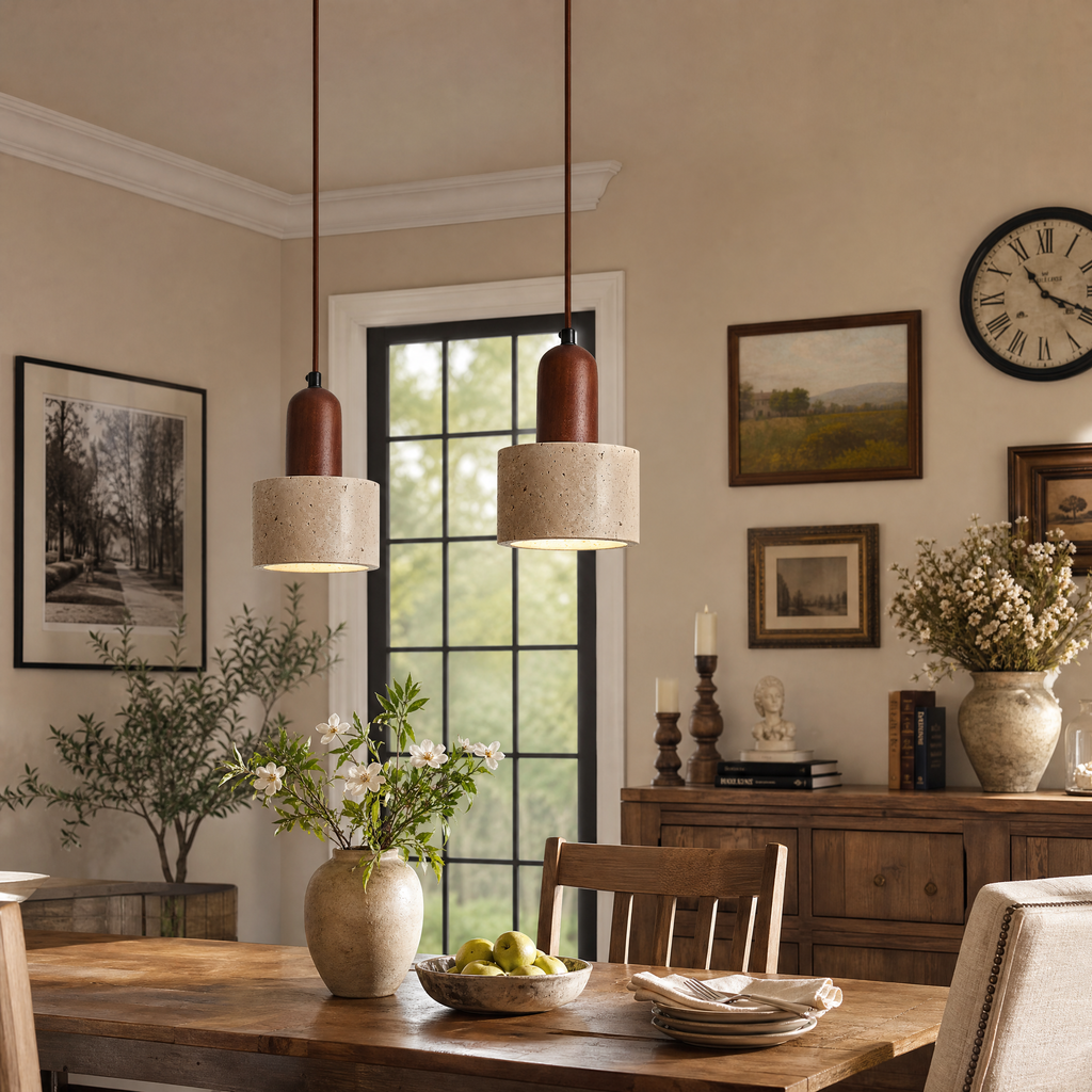 Wabi Sabi Natural Travertine Cylinder Pendant Light