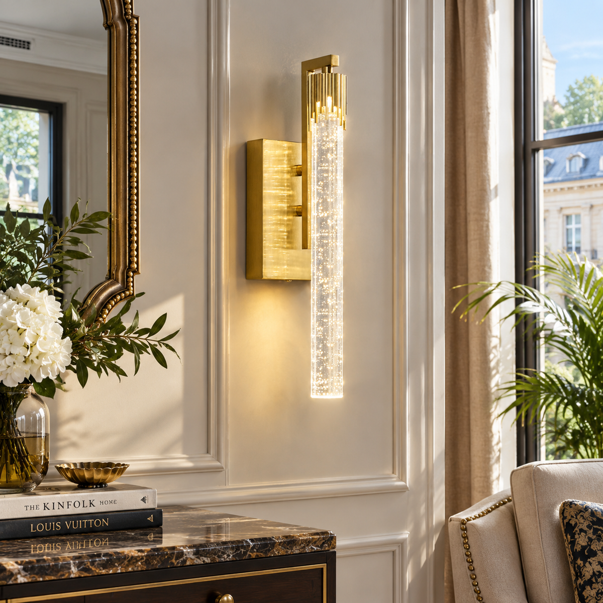 Luxury Long Tube Seeded Bubble Glass Gold Wall Sconce Set of Two