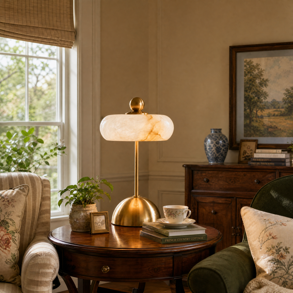 Disc-Shaped Alabaster and Glass LED Table Lamp for Bedrooms